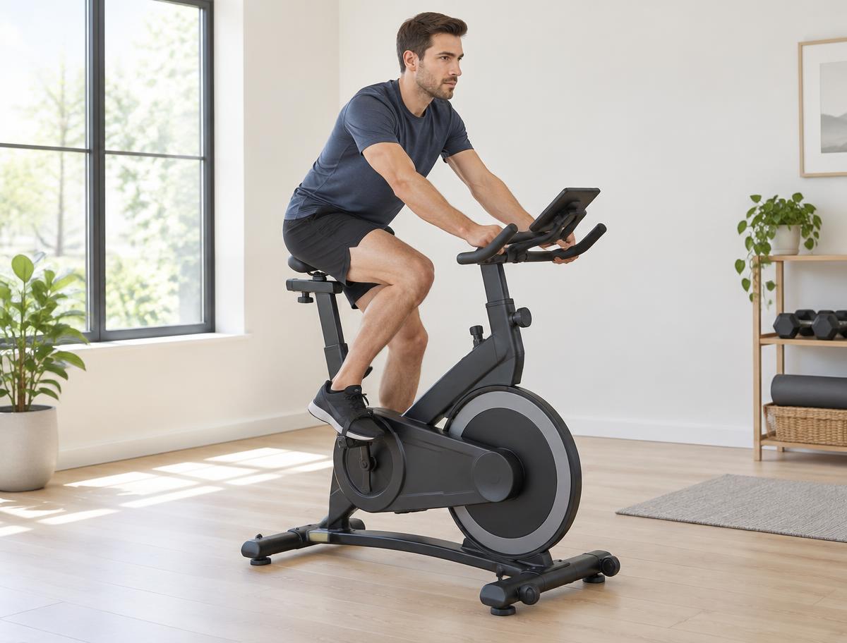 Man riding a stationary exercise bike in a bright home gym
