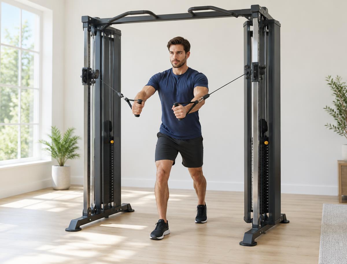 Man exercising with a dual cable functional trainer in a bright home gym