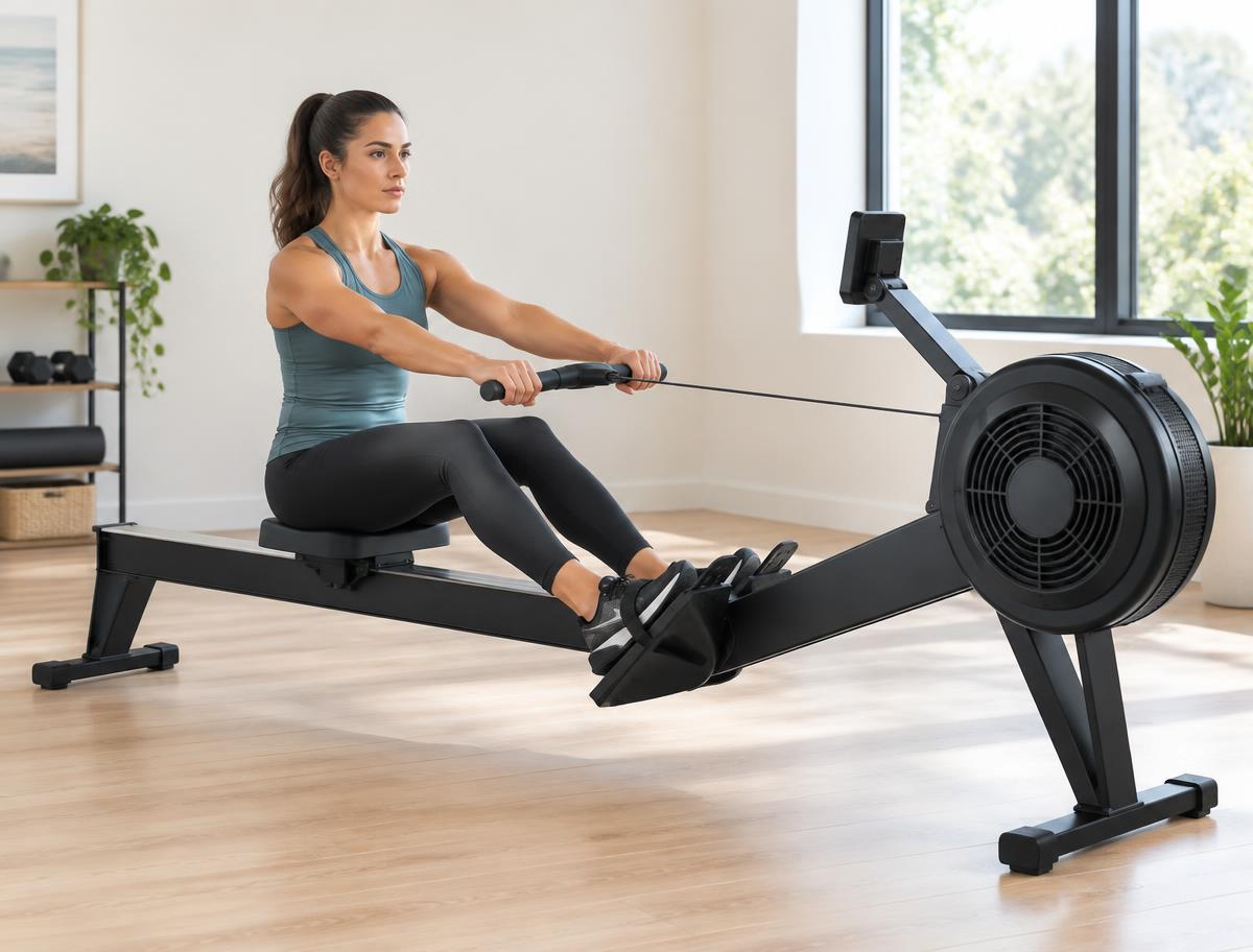 Woman using an air rowing machine in a bright home gym