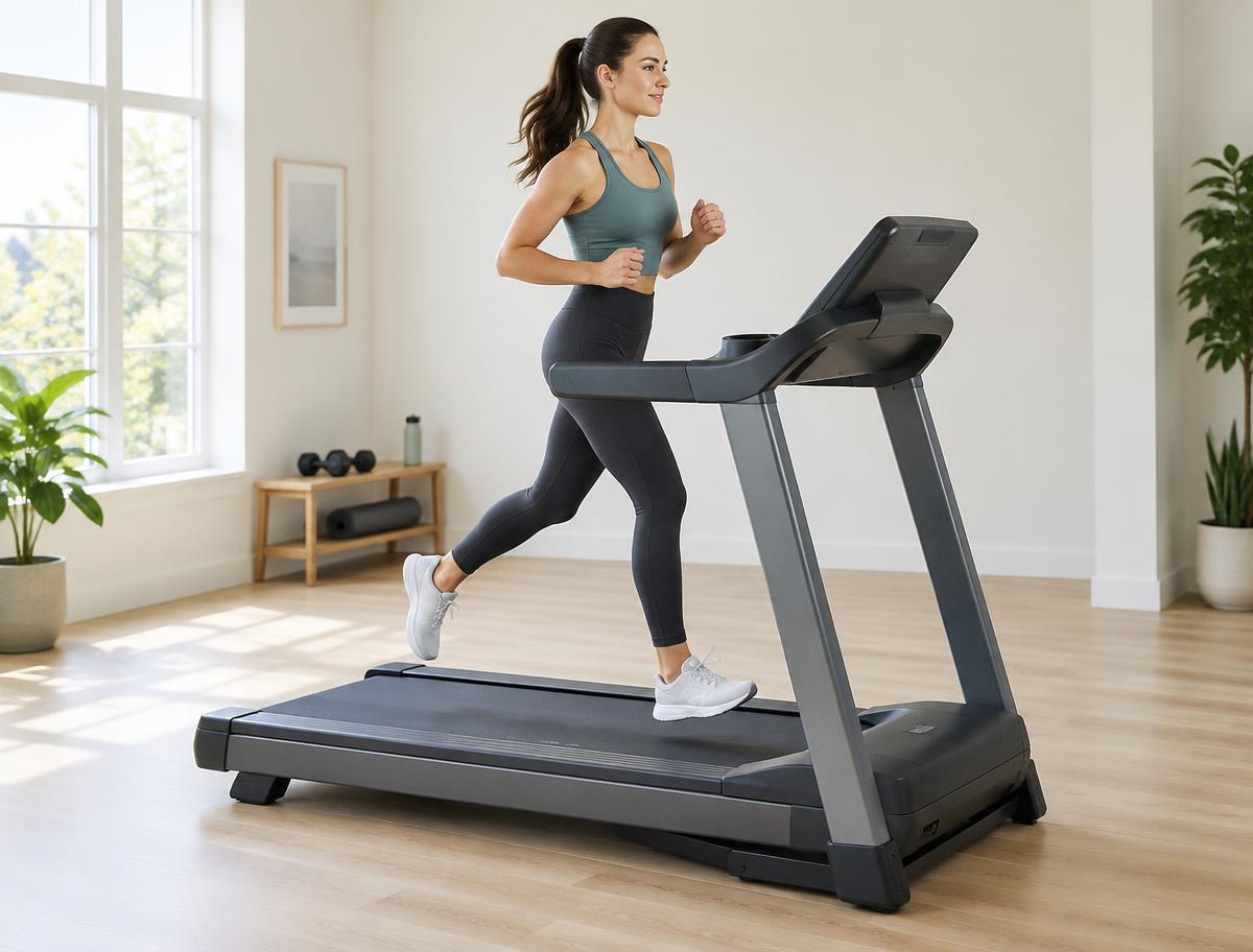 Woman running on a treadmill in a bright home gym